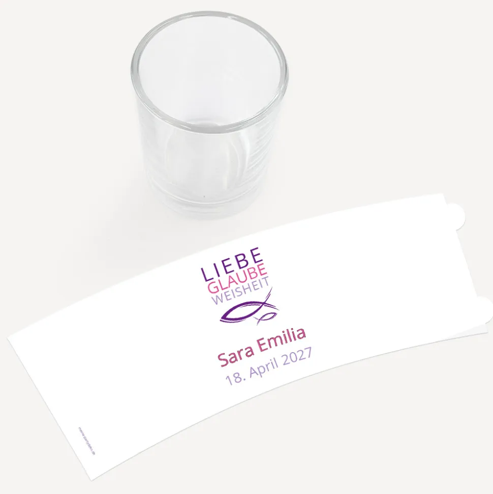 Tischkarte Windlicht Mädchen "Liebe Glaube Weisheit" inkl. Glas