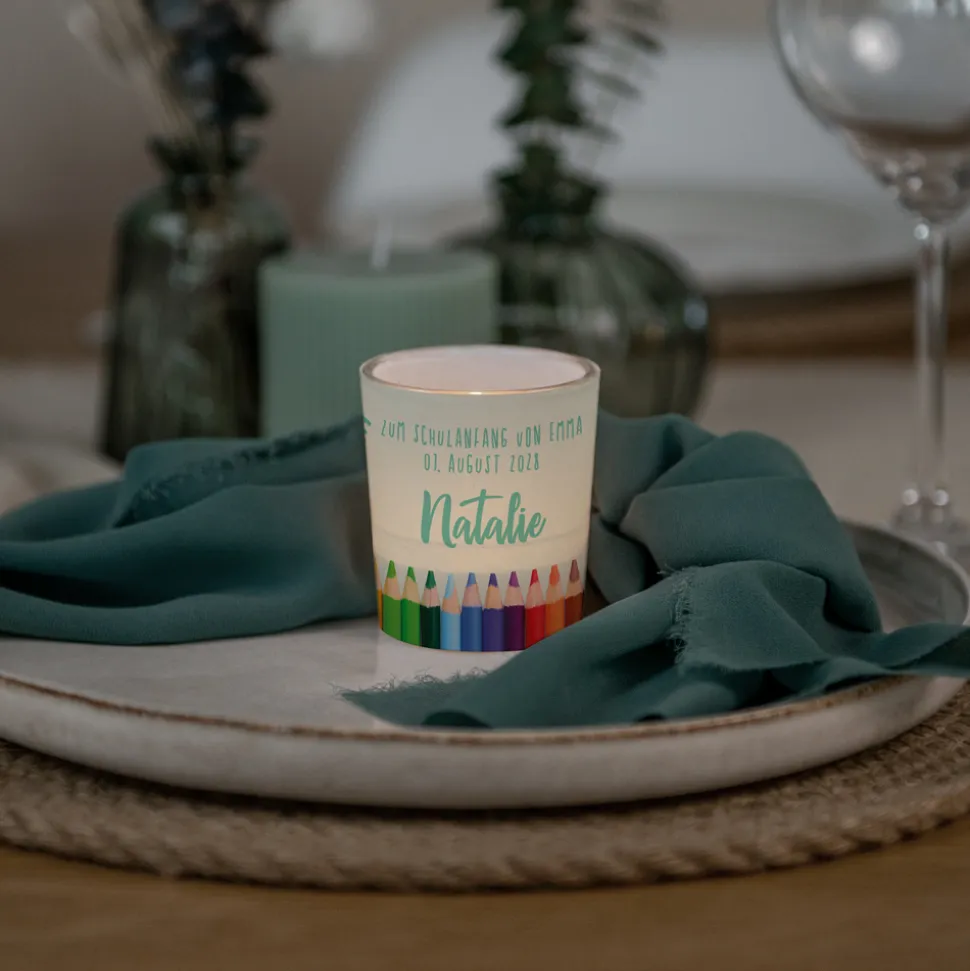 Tischkarte Windlicht "Stifte ABC" inkl. Glas