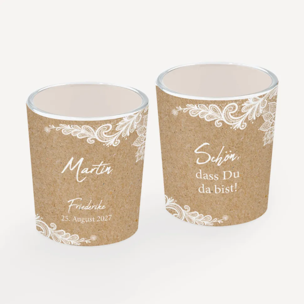 Tischkarte Windlicht "Vintage Spitze" inkl. Glas