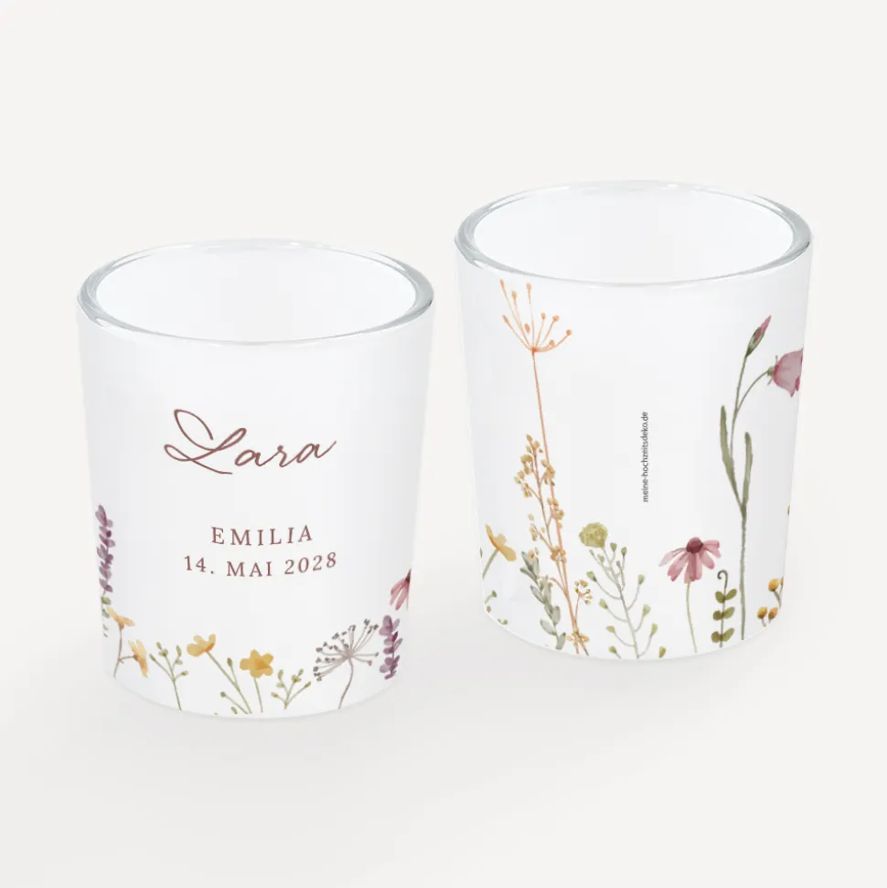 Tischkarte Windlicht "Wildromantische Blüten" inkl. Glas