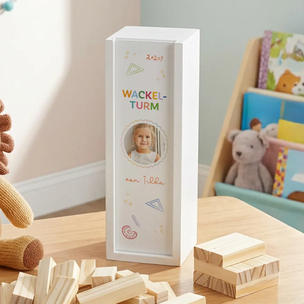 Wackelturm Spiel mit personalisierter Geschenkbox "Schulkind"