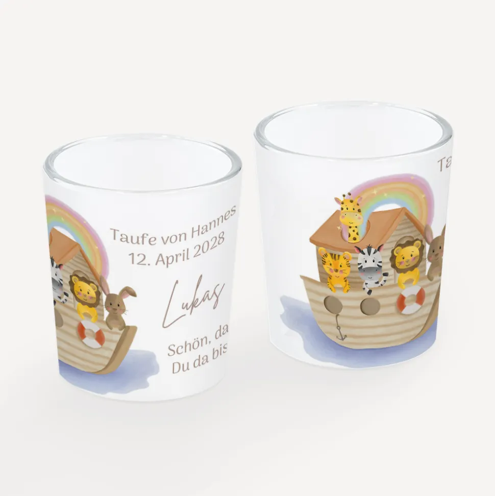 Windlicht Taufe "Arche Noah Regenbogen Pastell" inkl. Glas