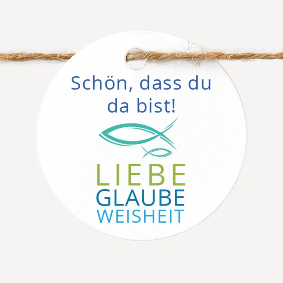 24 x Geschenkanhänger rund Junge "Liebe Glaube Weisheit"