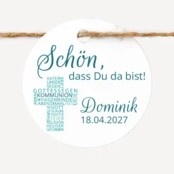 24 x Geschenkanhänger rund Kommunion Junge "Kreuz Modern"
