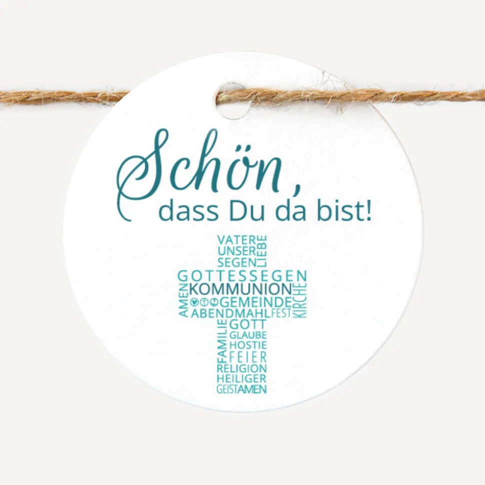 24 x Geschenkanhänger rund Kommunion Junge "Kreuz Modern"