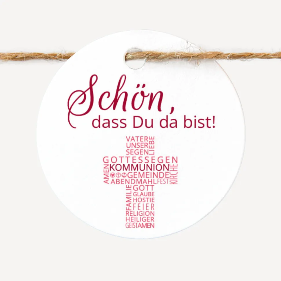 24 x Geschenkanhänger rund Kommunion Mädchen "Kreuz Modern"
