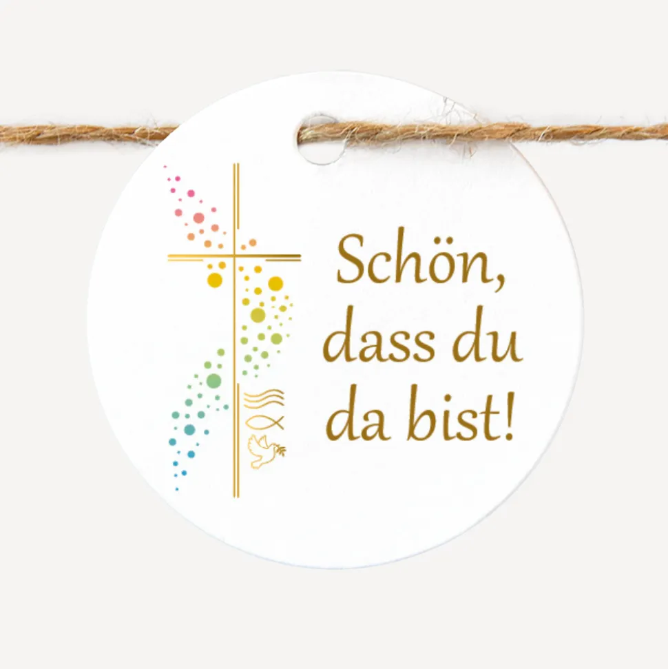 24 x Geschenkanhänger rund "Kreuz mit Symbolen"