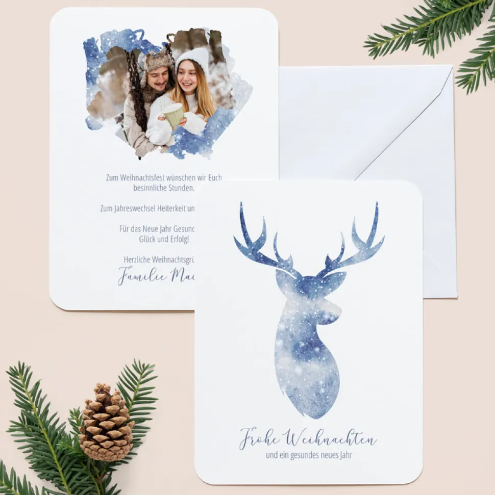 6 x Weihnachtskarte Aquarell Rentier