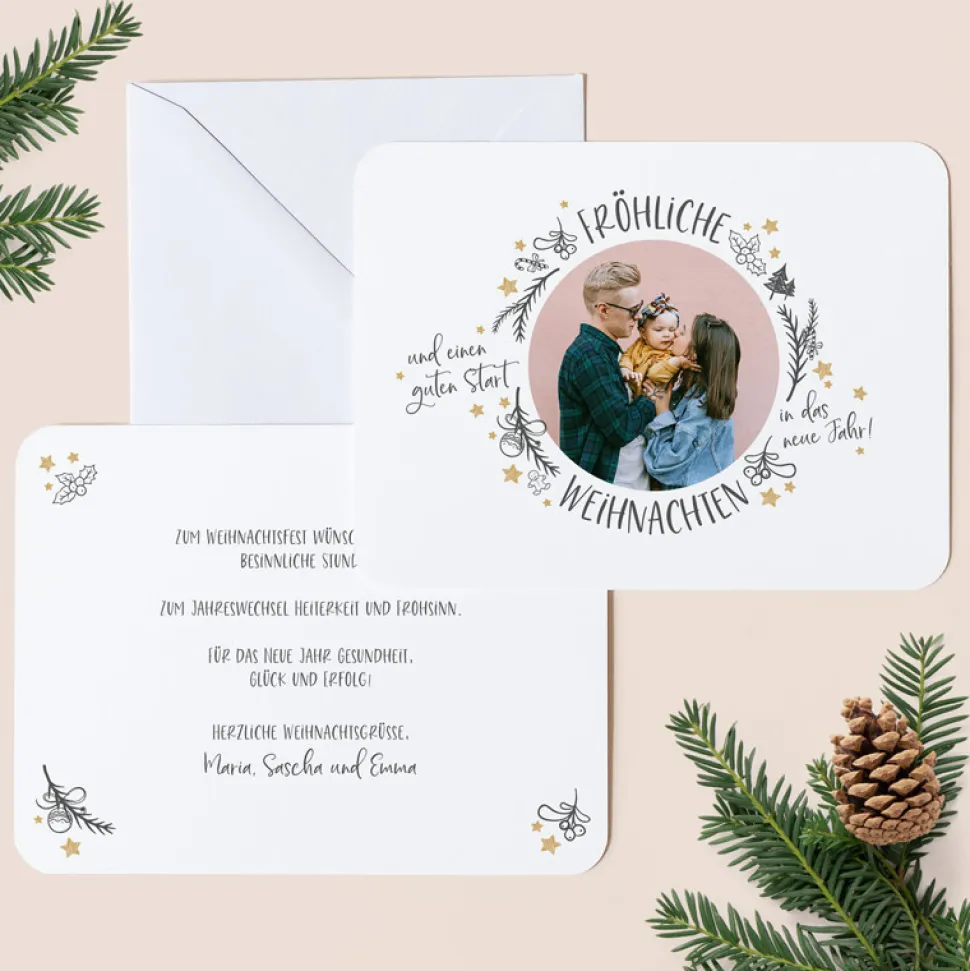 6 x Weihnachtskarte mit Foto Kranz