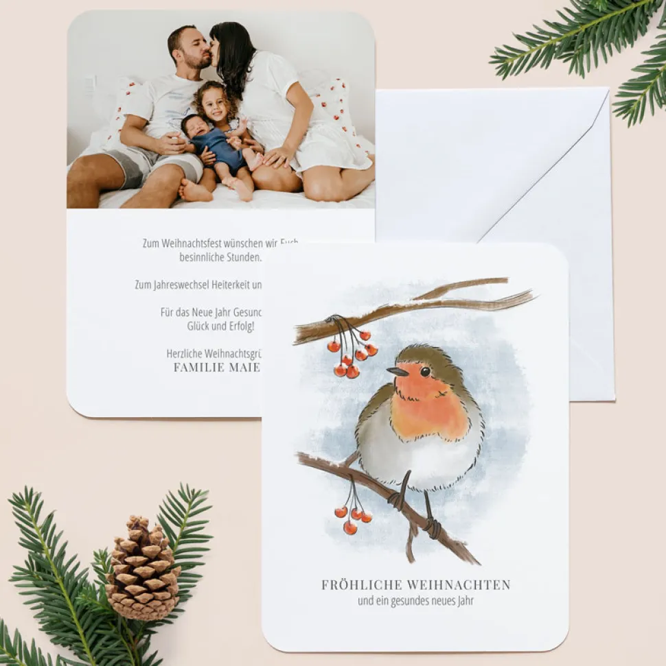 6 x Weihnachtskarte Rotkehlchen